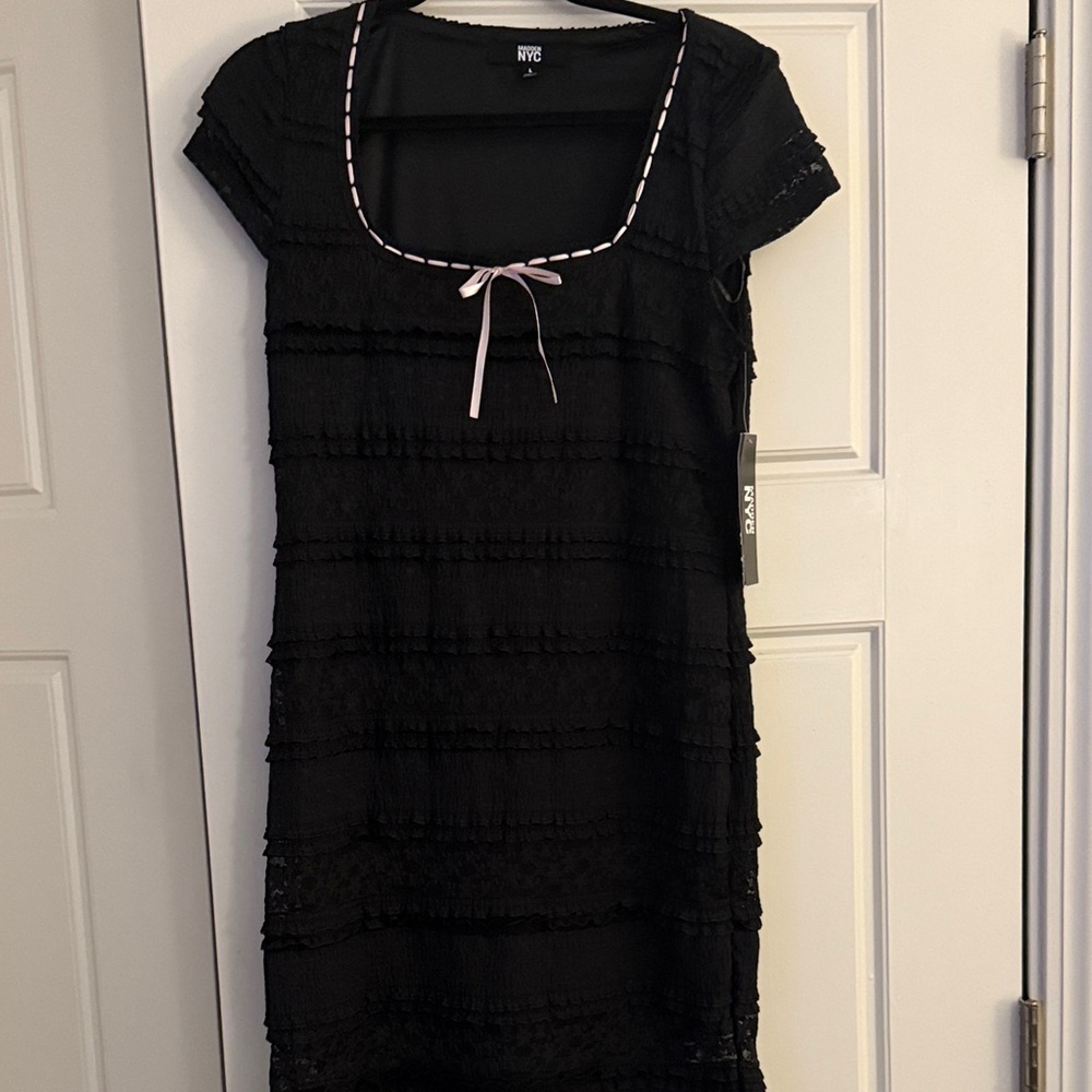 NYC Black Mini Dress with Pink Bow